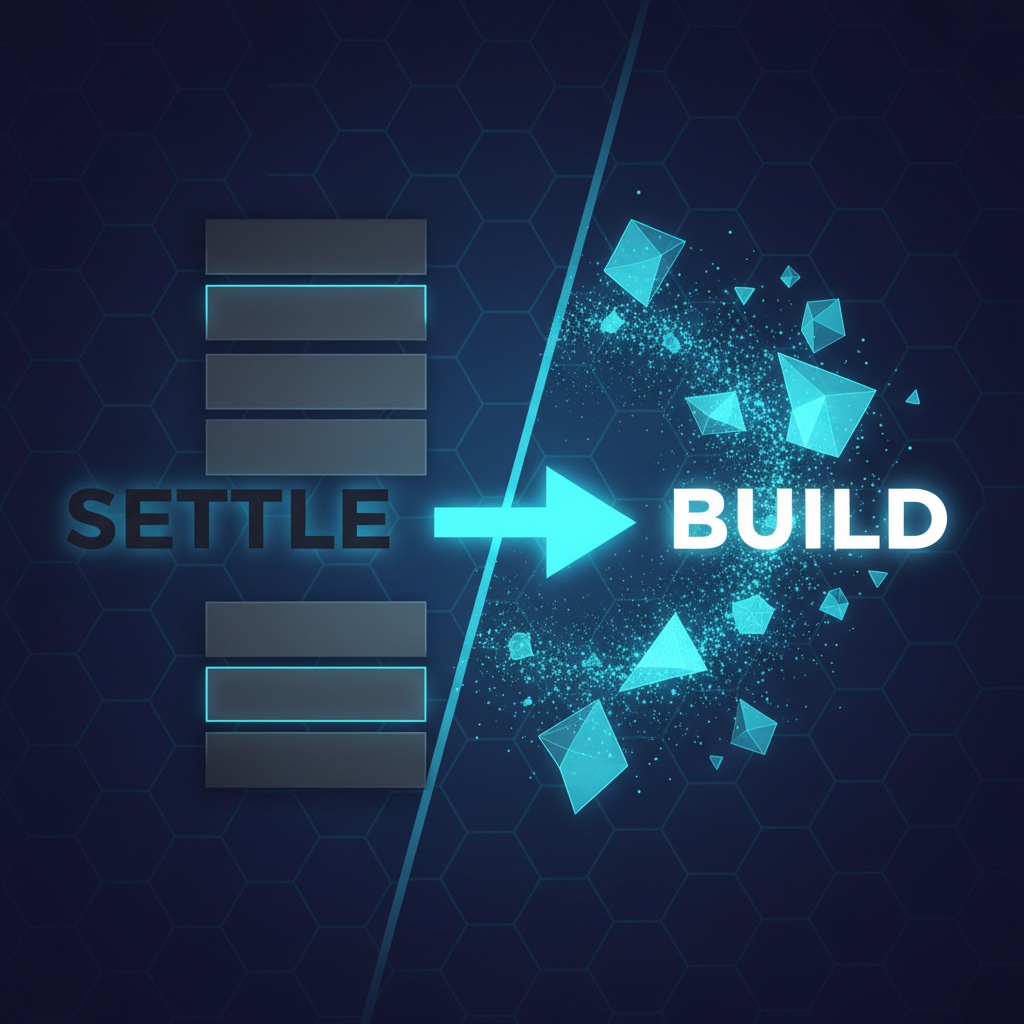 Infographic: SETTLE — rigid gray boxes of pre-built software — transforms into BUILD — vibrant crystalline shapes assembling from light into custom configuration