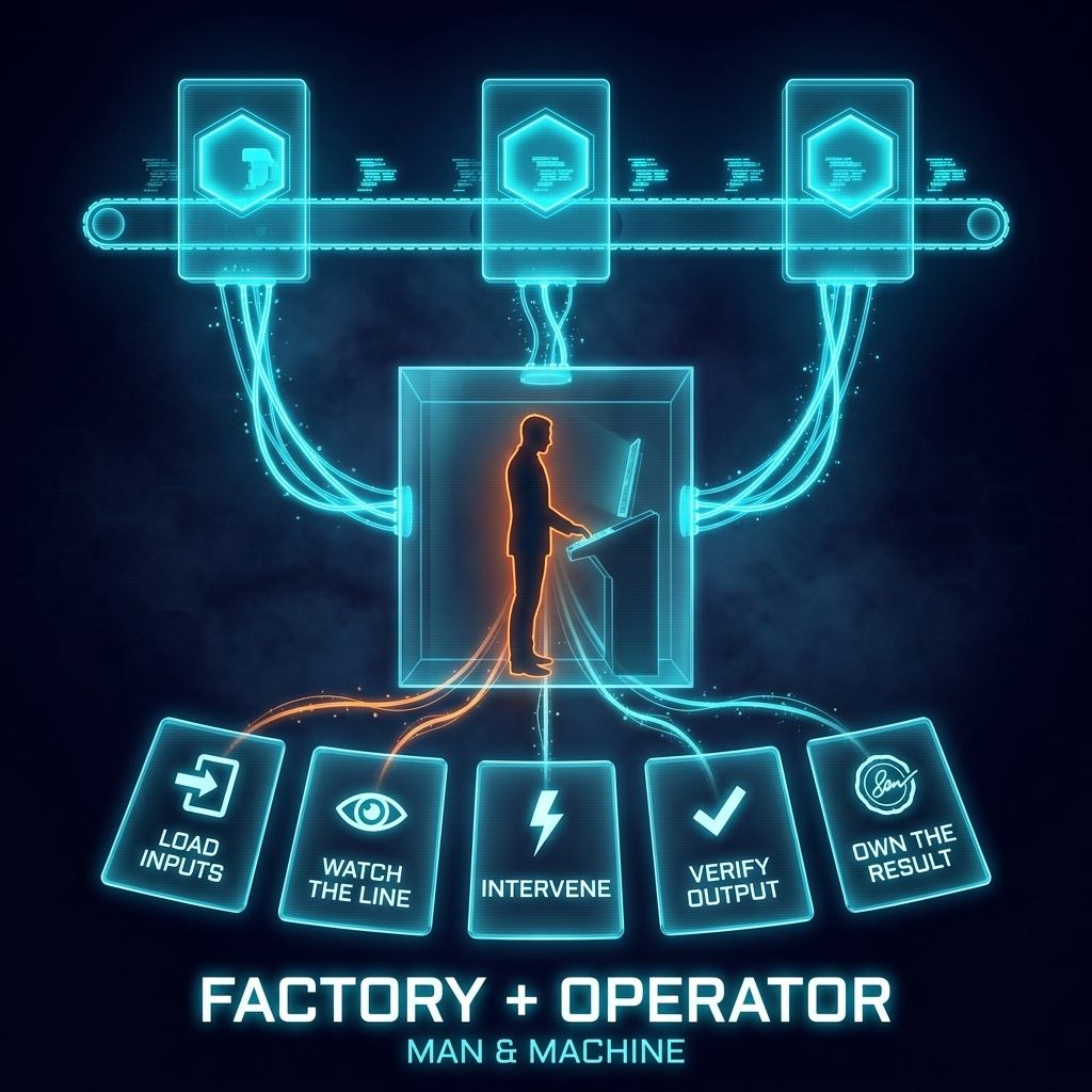 Infographic: The Software Factory needs an Operator — five jobs only humans can do: load inputs, watch the line, intervene on errors, verify outputs, and own the result