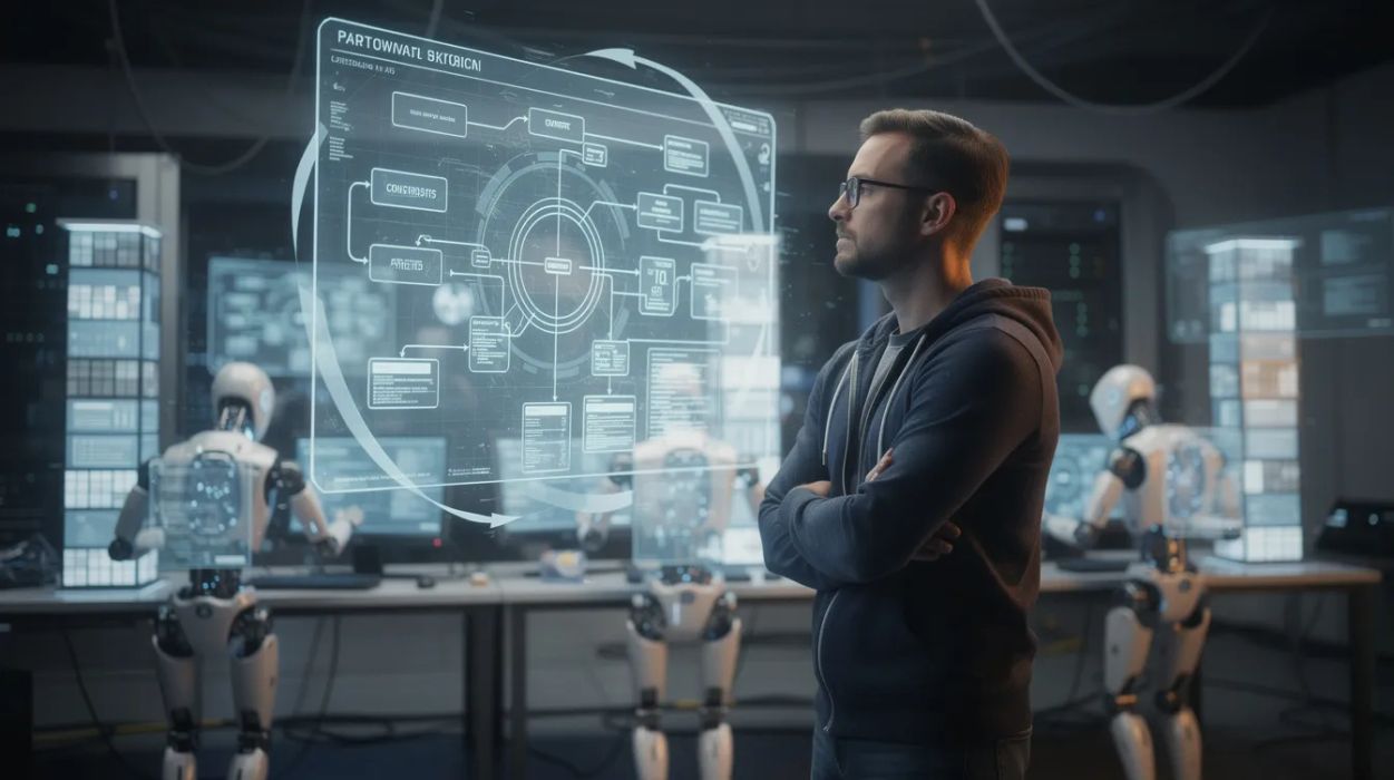 An engineer staring at a glowing blueprint of a custom system while code assembles itself in the background
