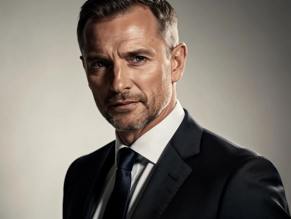 An AI-generated portrait of a distinguished spy operative in a dark suit