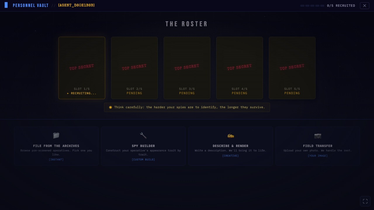 Spy Hunter team builder interface showing five operative slots with recruitment options