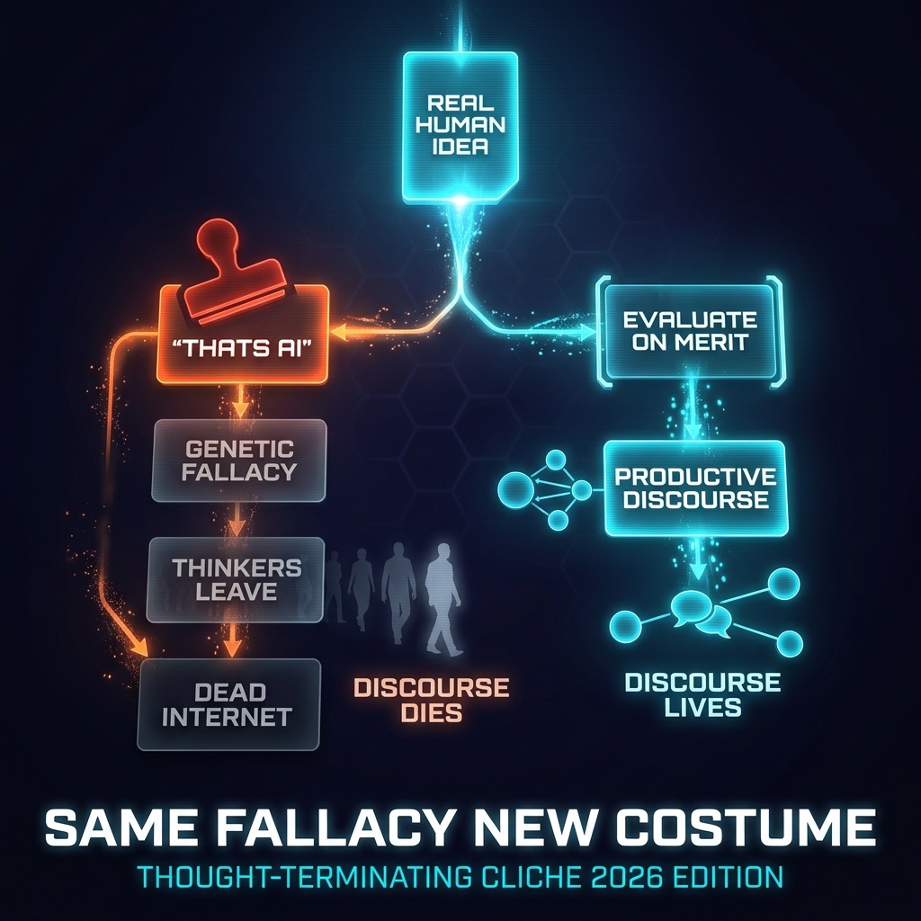 Infographic: Real Human Idea forks into two paths. Left path shows THATS AI stamp leading to Genetic Fallacy, Thinkers Leave, Dead Internet. Right path shows Evaluate On Merit leading to Productive Discourse. Headline: SAME FALLACY NEW COSTUME