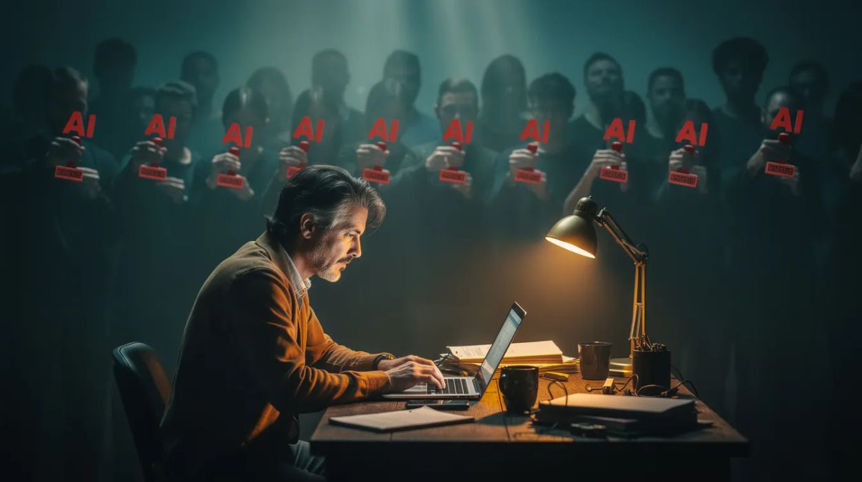 A person typing a thoughtful argument into a glowing screen while shadowy figures behind them stamp 'AI' across everything without reading it